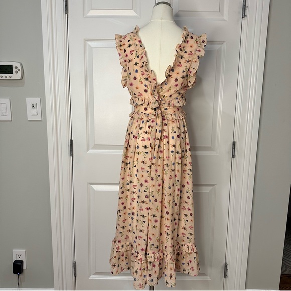 Betsey Johnson Peach Bug Floral Ruffle Tiered V-Neck Whimsical Midi Dress Size 8 - Picture 12 of 16